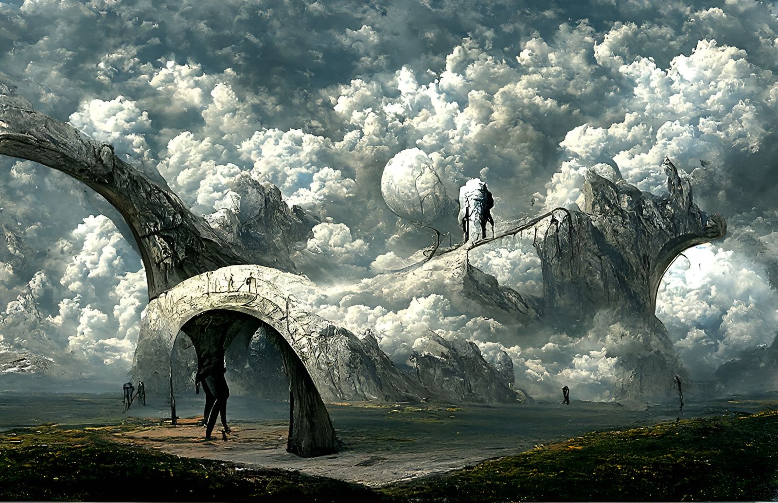 Surreal World Walker Overlooks Teeming Landscape