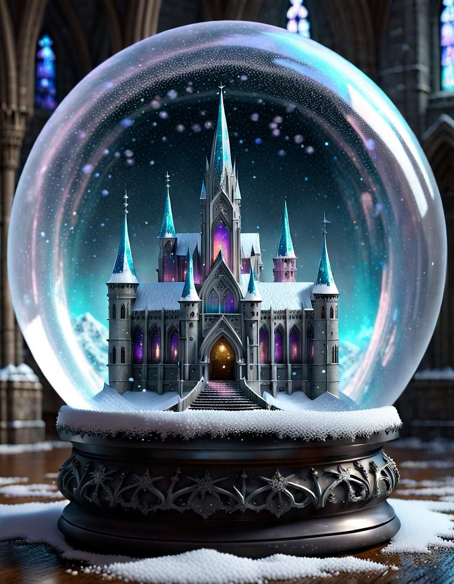 Iridescent Crystal Snow Globe with Gothic Cathedral