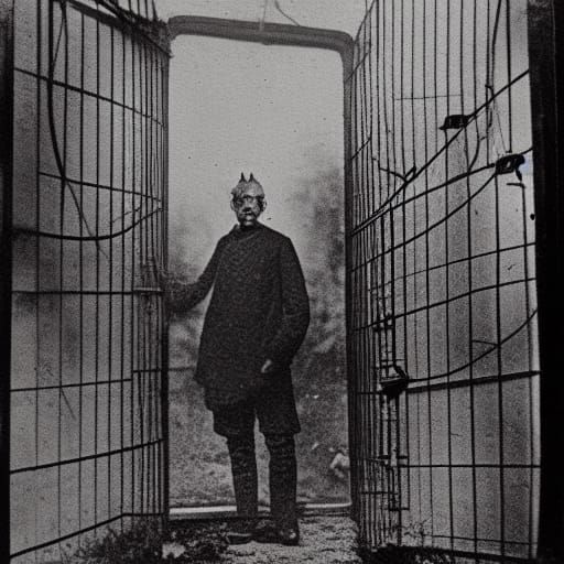 Ominous Skinwalker Locked in Cage: Dystopian Photograph