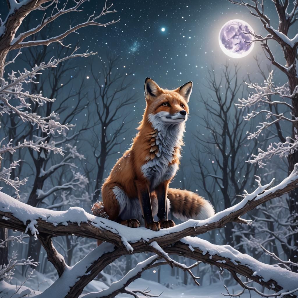 Fox Gazing at Starry Sky in Snowy Forest