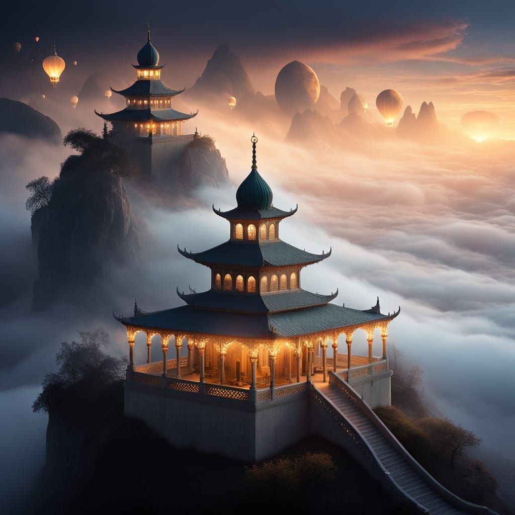 Mystical glow over intricate architecture.