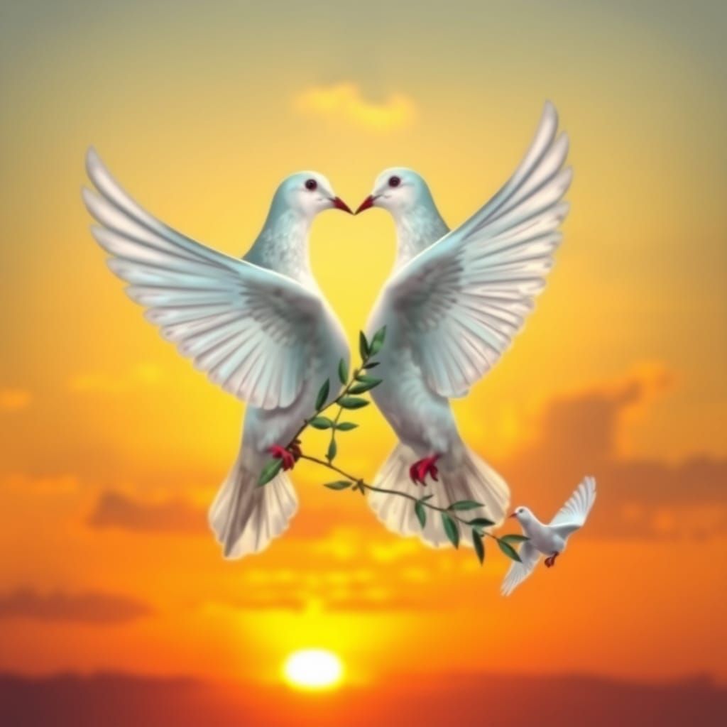 Doves in Harmony, Heart-Shaped Flight, and Sunset Peace