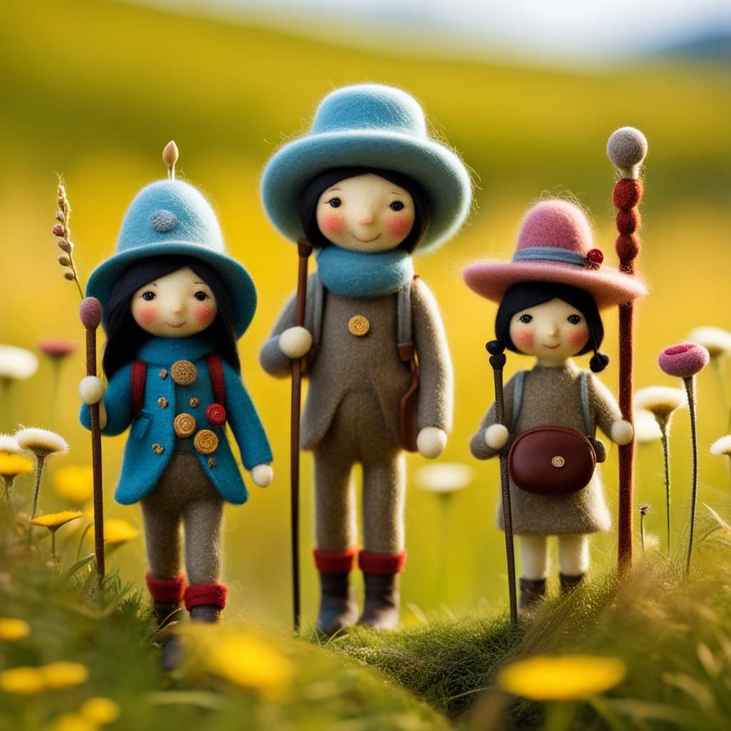 Doll Family Hike in Blooming Meadows, Needle Felted Style