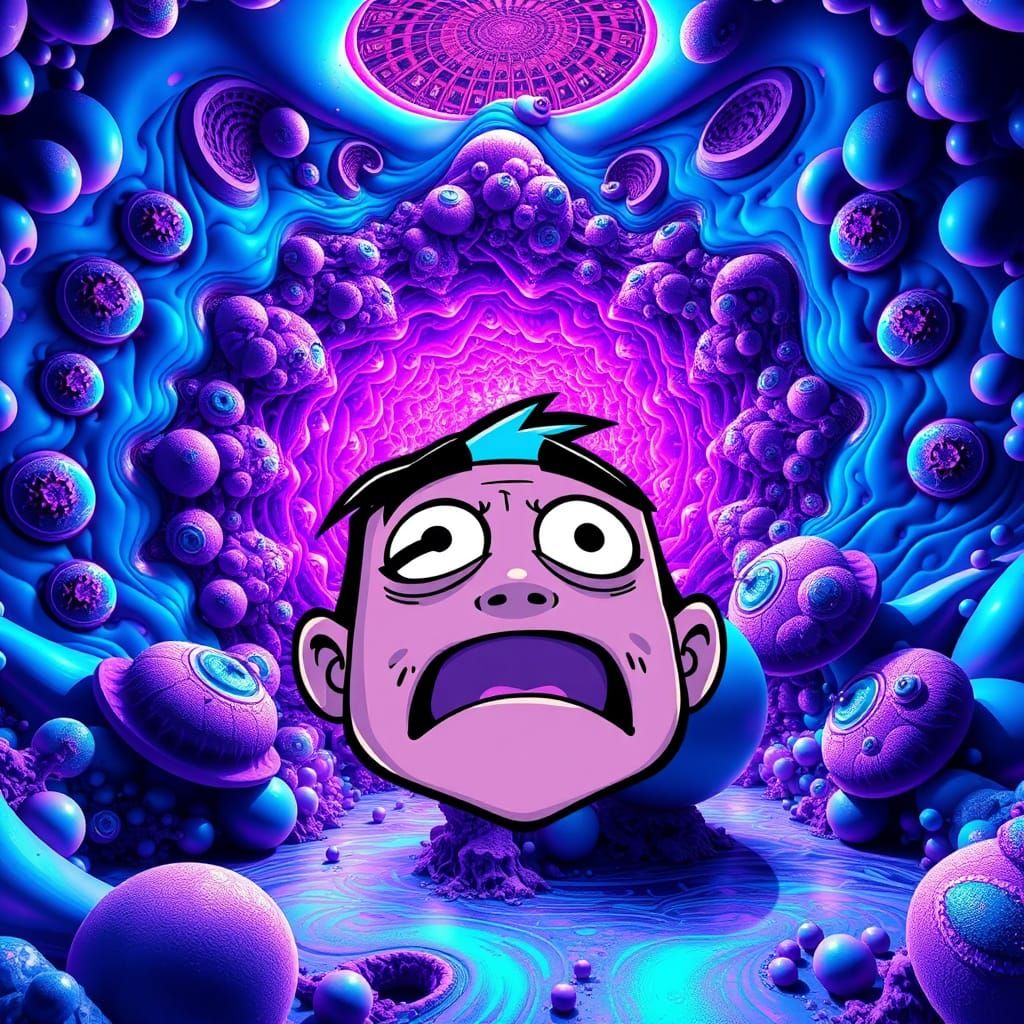 Bewildered Meme Character Stares at 3D Fractal Landscape