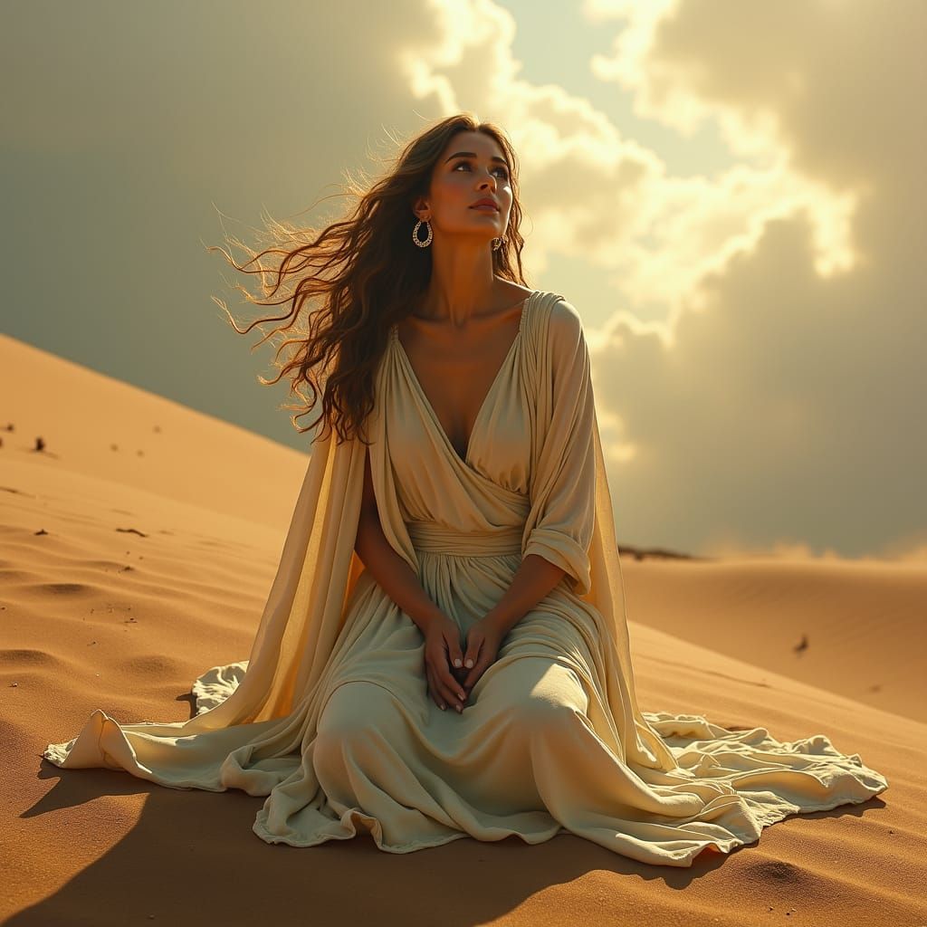 Elegant Woman in Desert, Pre-Raphaelite Style