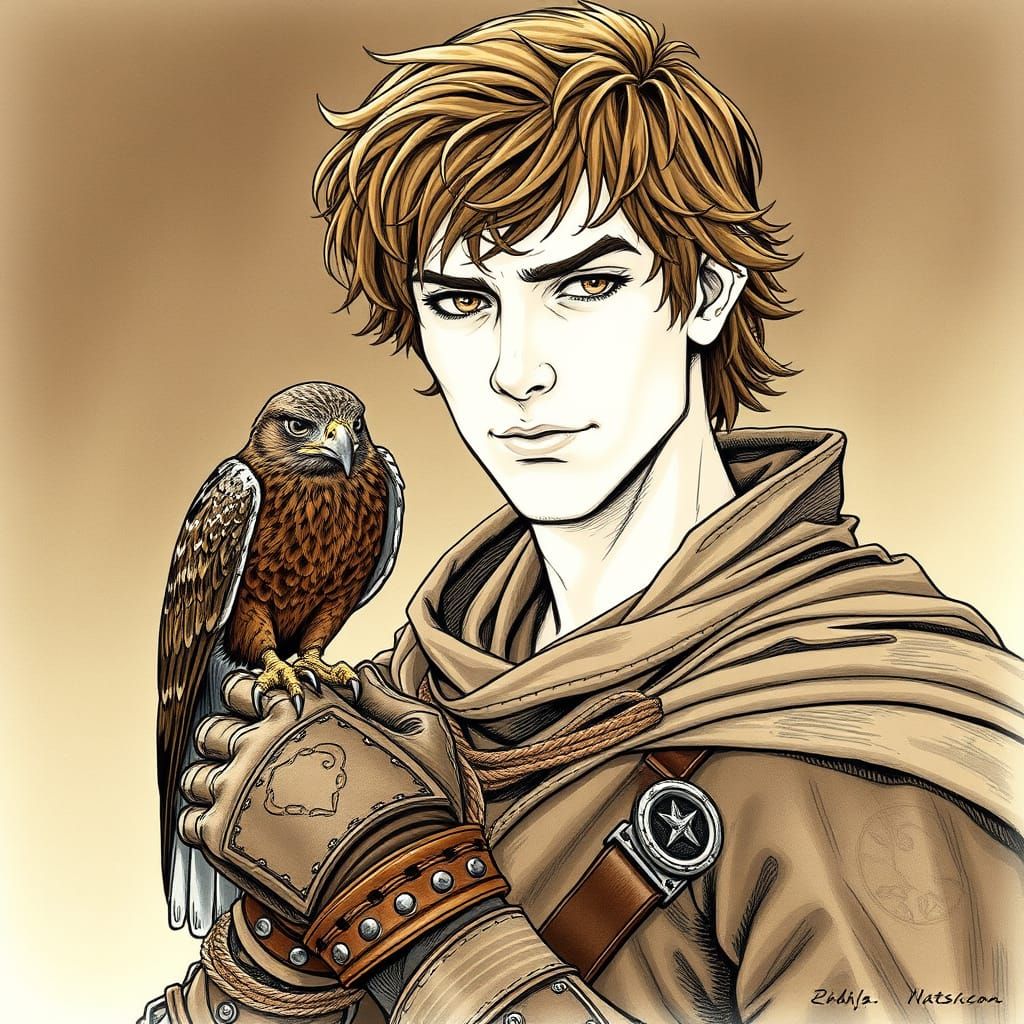 Medieval Ranger Master with Hawk in a Misty Forest