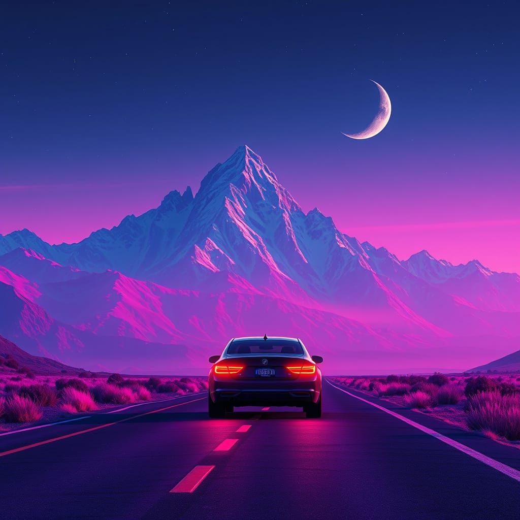 Vaporwave Landscape with Crescent Moon