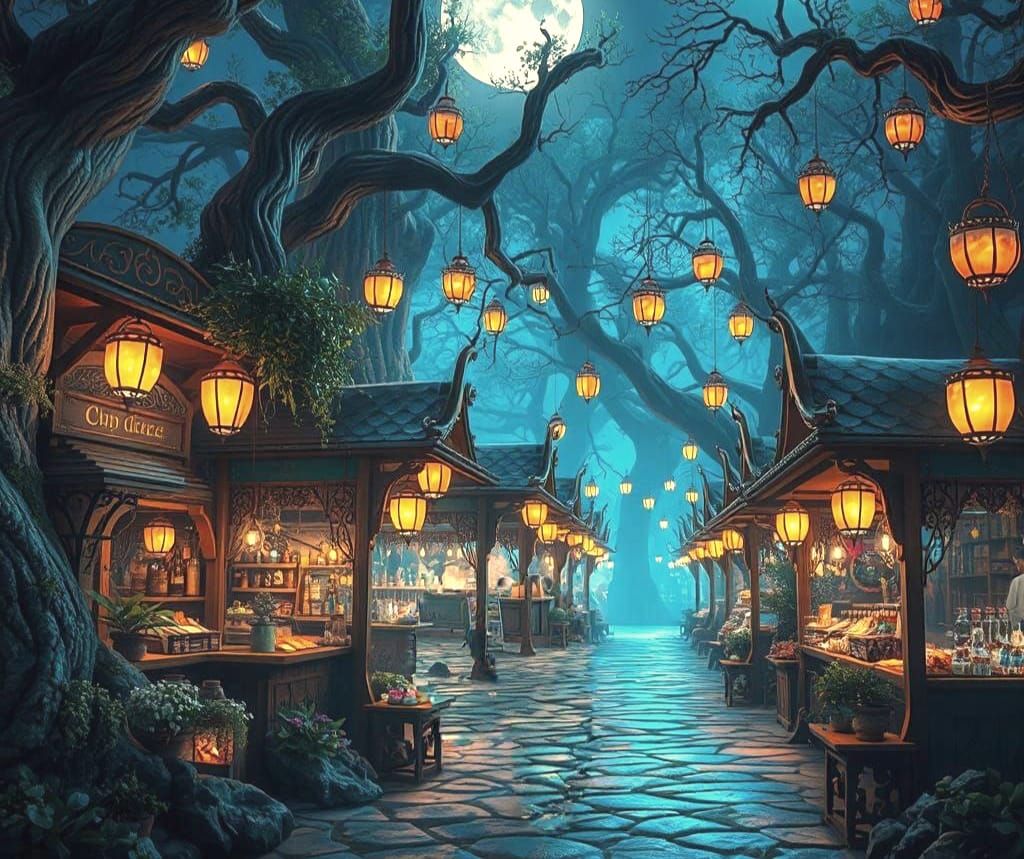 Fantasy Market in Whimsical Forest: Digital Matte Painting