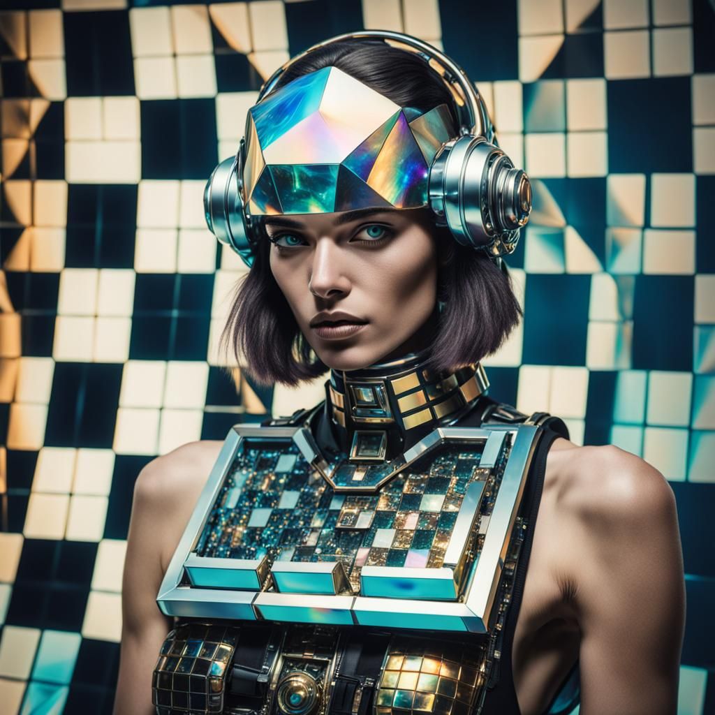 Cyberpunk Model in Retro-Futuristic Polaroid Portrait