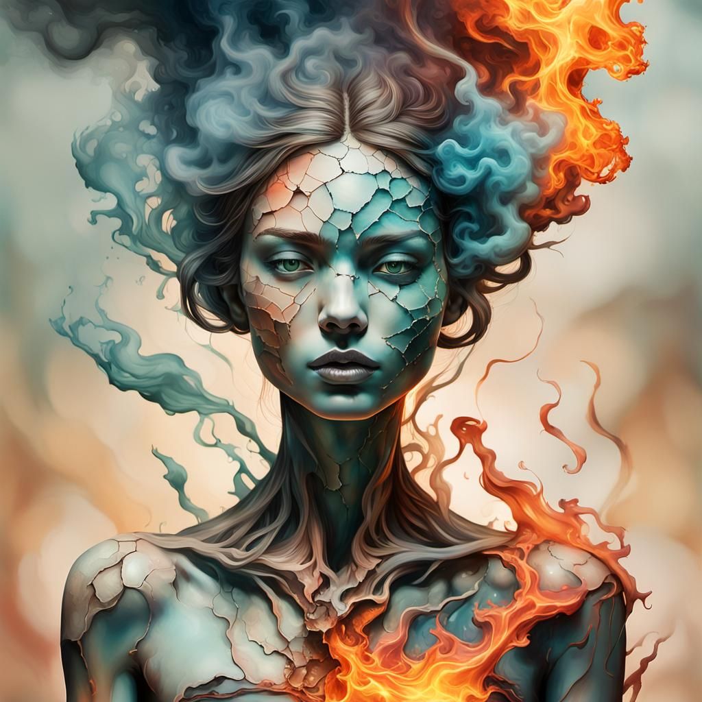 Ethereal Transformation: Flame to Flesh in Digital Art