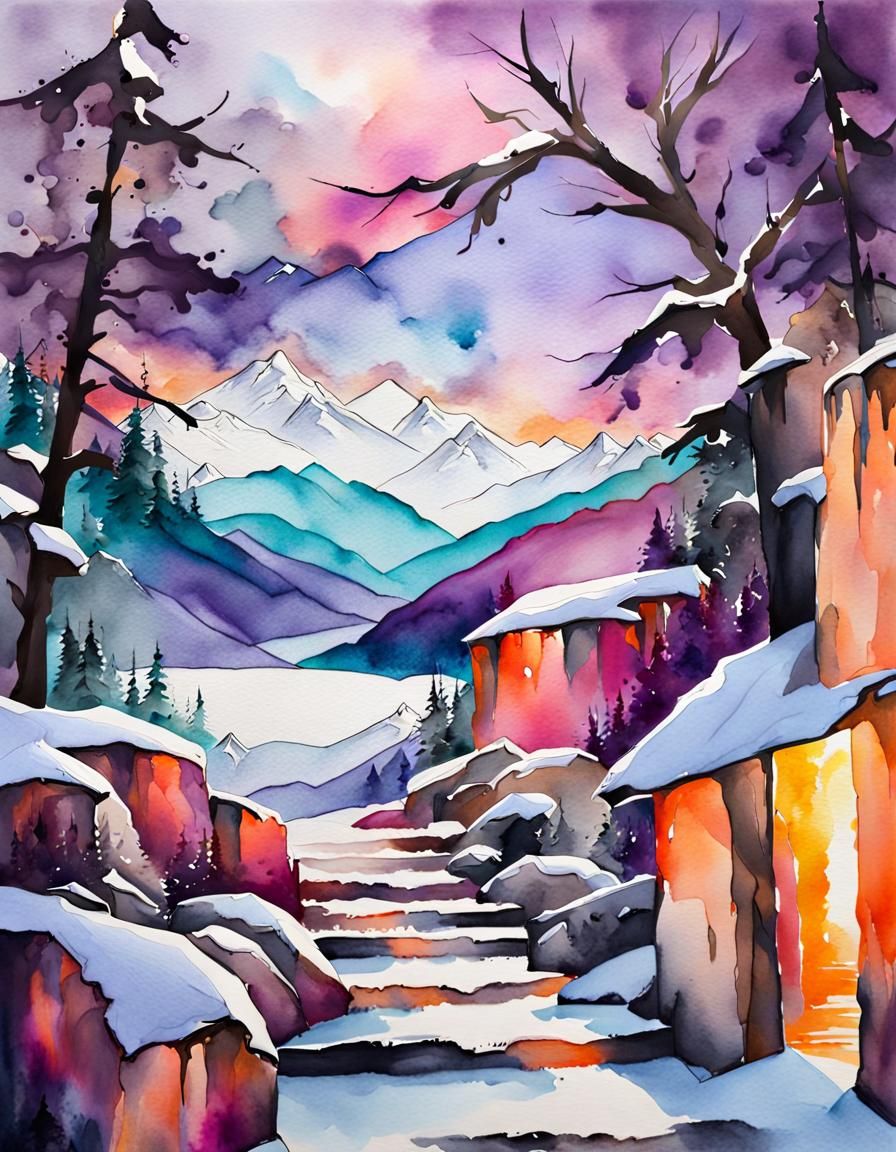 Watercolor Sunrise Over Snowy Mountains