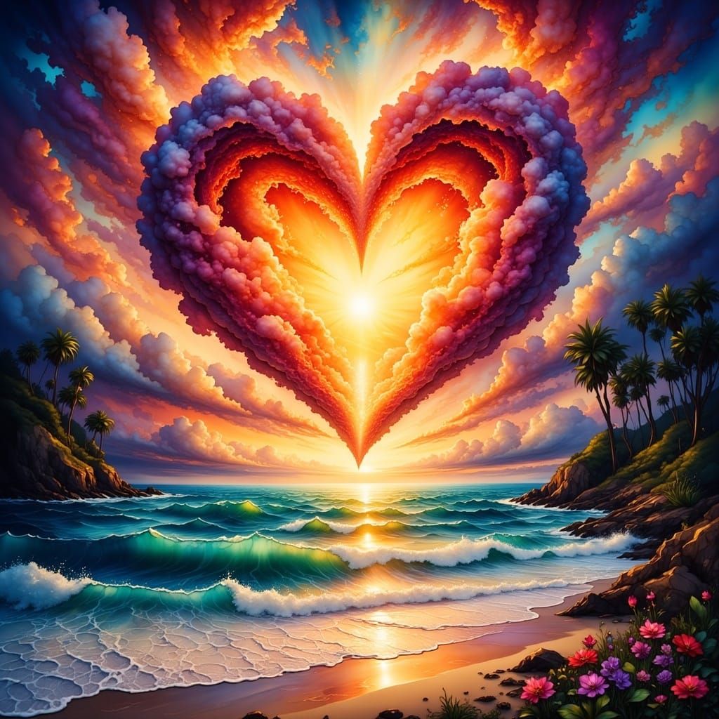 Sunset Heart Cloud Over Romantic Beach