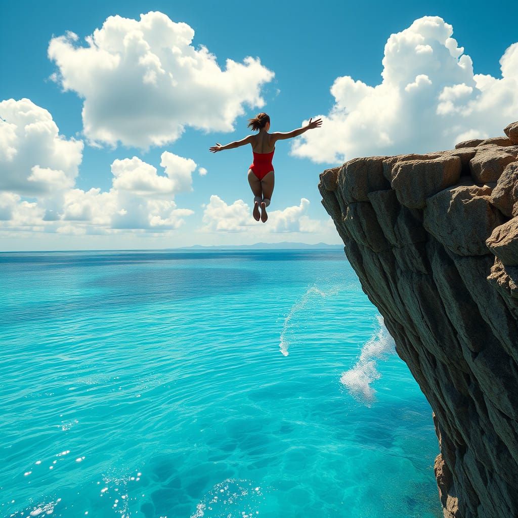 Stunning Red Swimsuit Diver Soars Through Turquoise Water