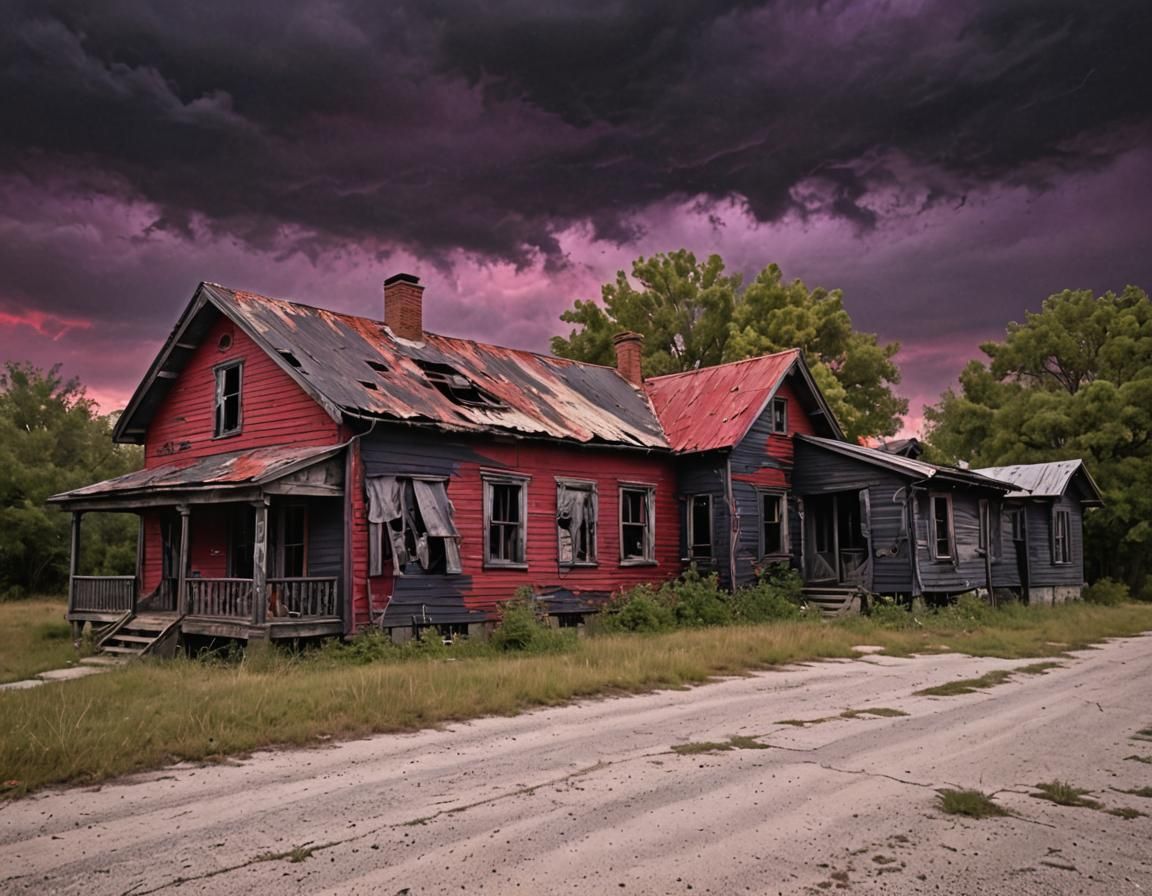 Scary Black House with Purple and Red Sky