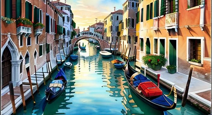 Venice Canals at Golden Hour in Watercolor