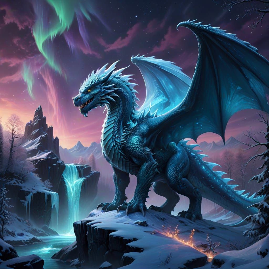Majestic Ice Dragon Guards Winter Valley Under Aurora