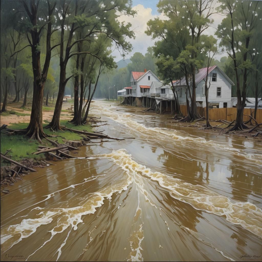 Dramatic Flood Scene in Oil Painting Style
