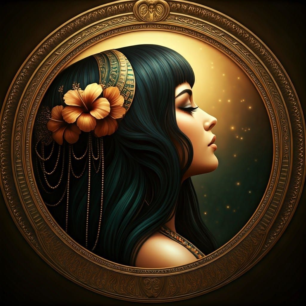 Art Deco Woman with Hibiscus Flowers and Beads