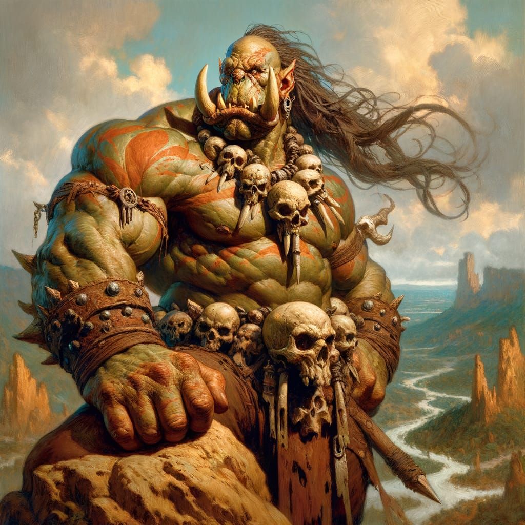 Muscular Orc Warrior Overlooking Valley in Late 19th Century...