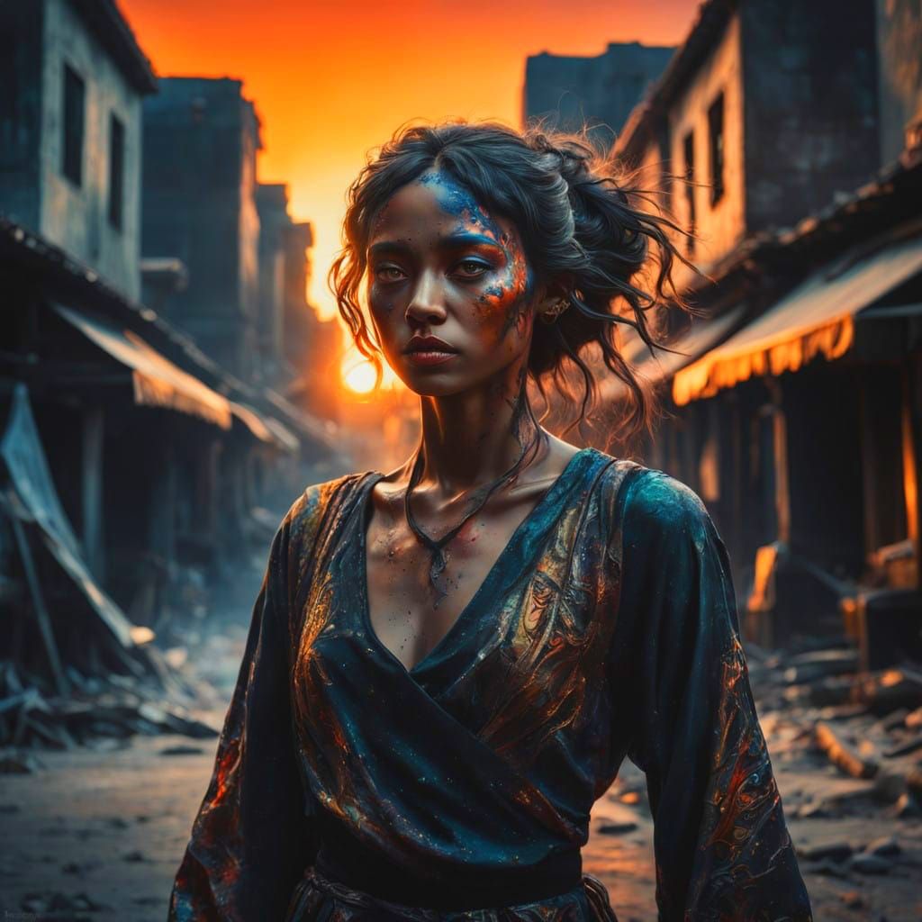 Grief-Stricken Dancer in a Desolate Sunset Landscape