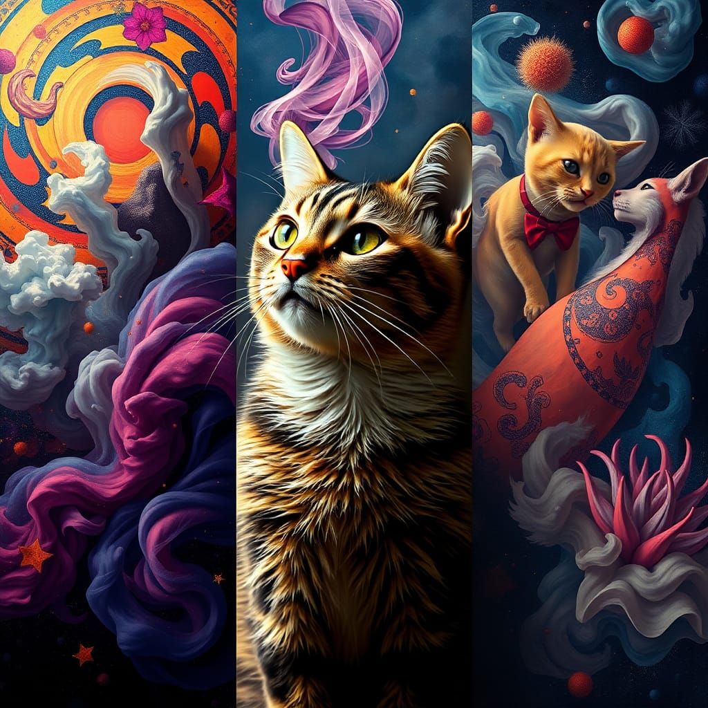 Surreal Cat Triptych in Mixed-Media Aesthetic