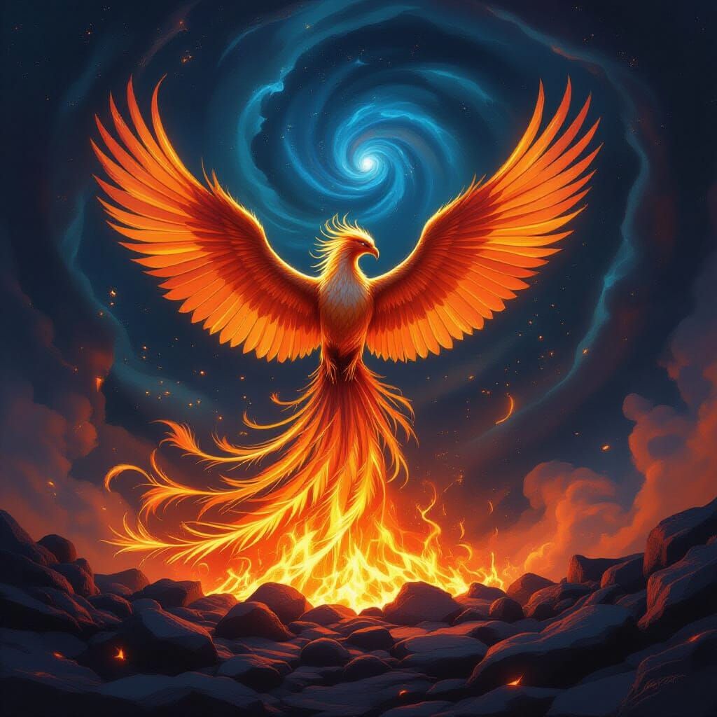 Majestic Phoenix Rises from Embers in Cosmic Vortex