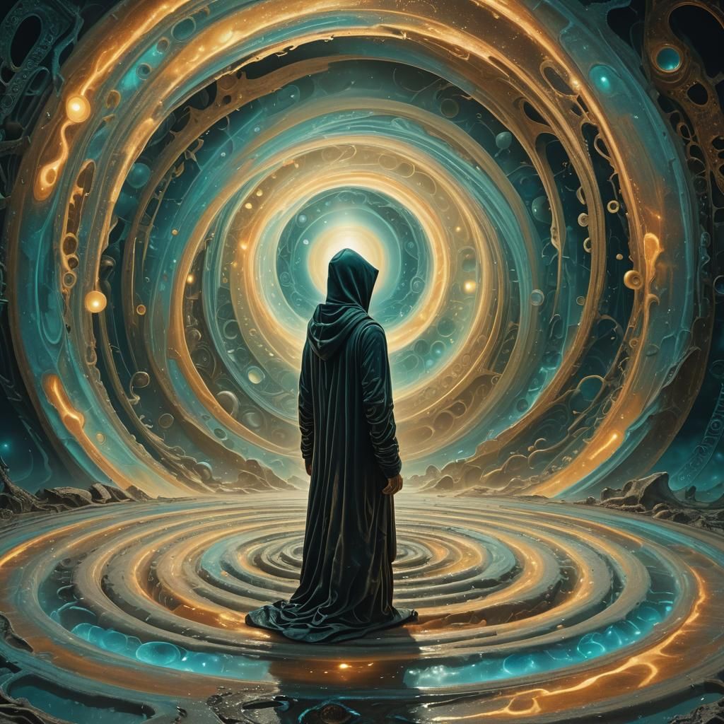 Mystical Figure at Vortex in Surrealist Style