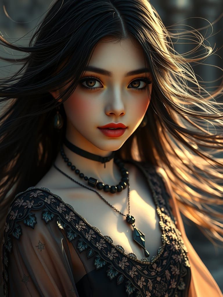 Goth Girl with Dramatic Hair, Photorealistic Film Still