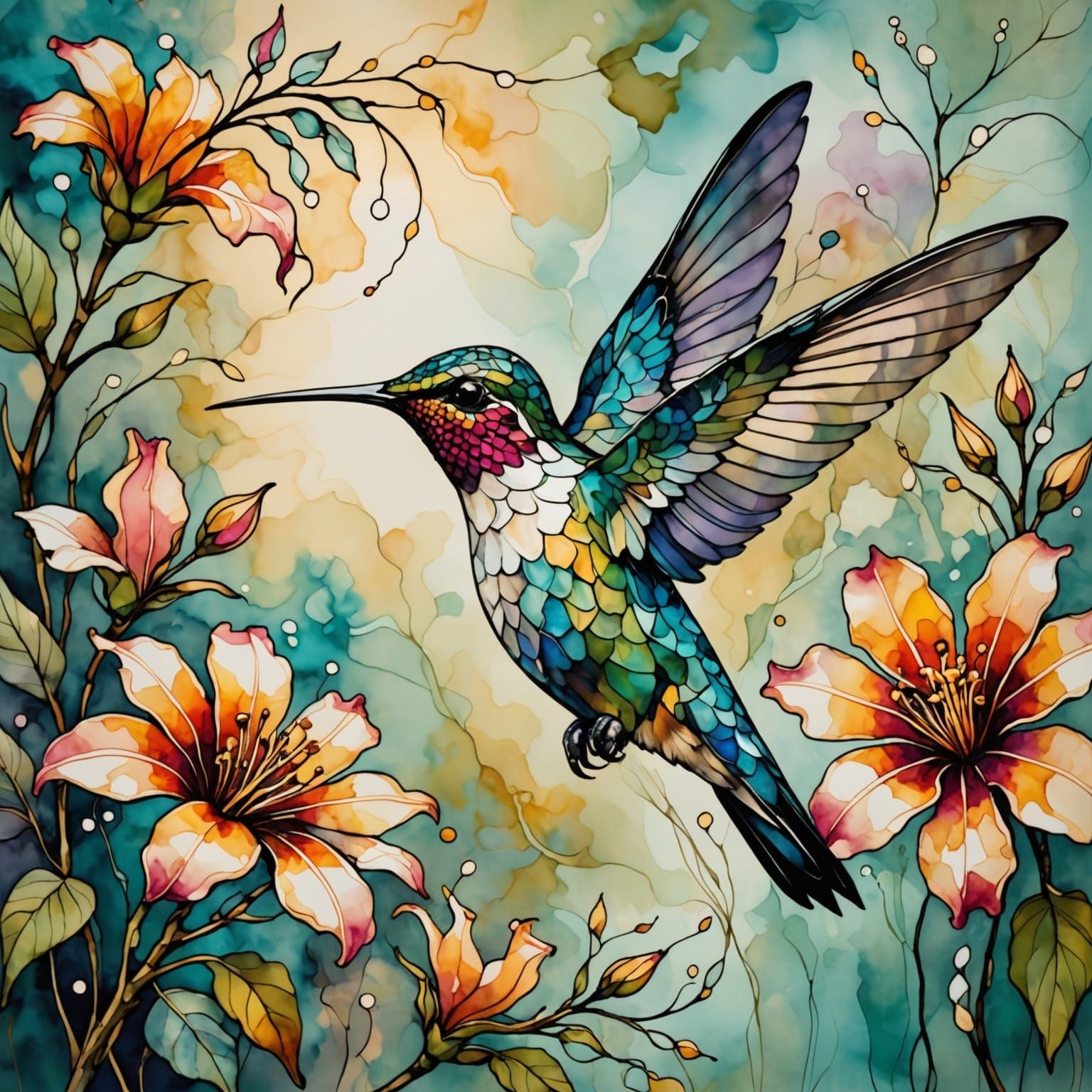 Whimsical Hummingbird Amidst Exotic Bloom in Soft Pastel Hue...
