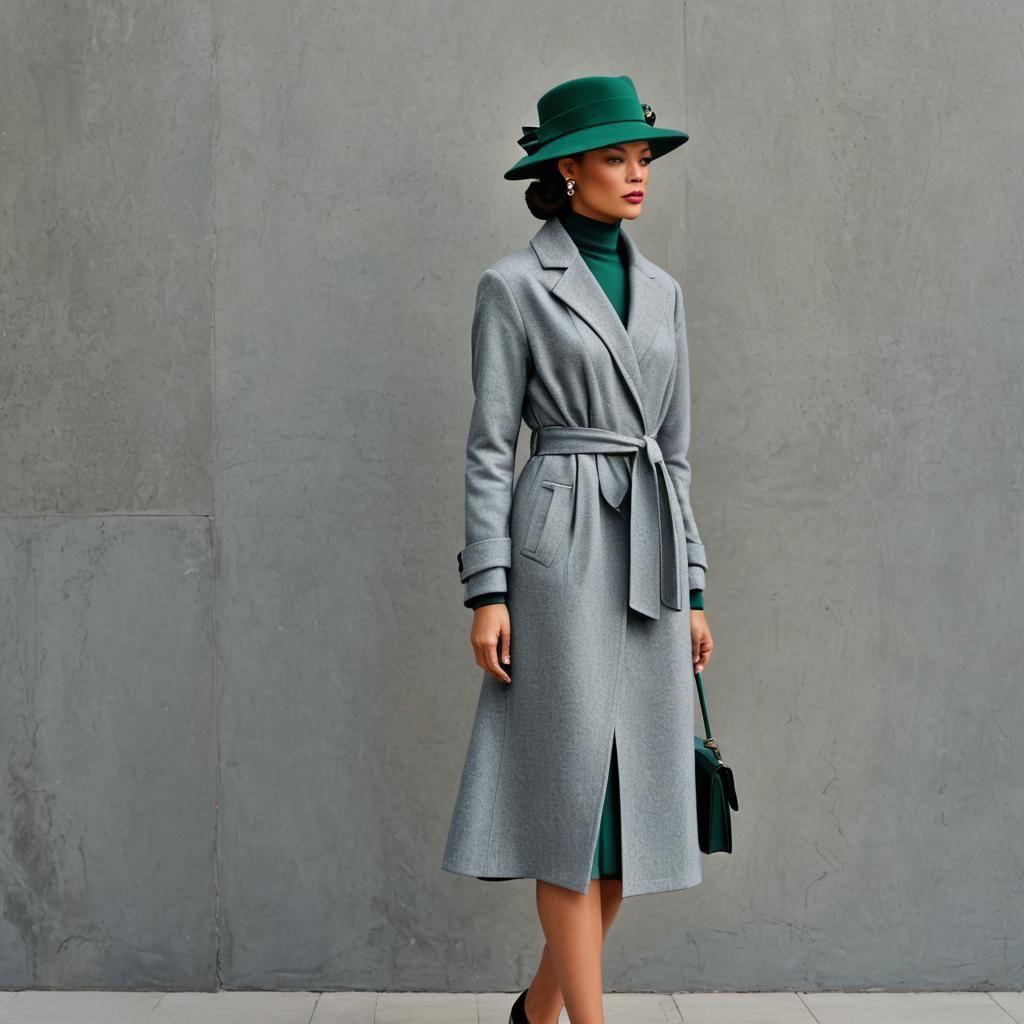 Elegant Gray Dress with Emerald Brooch, Modern Fashion