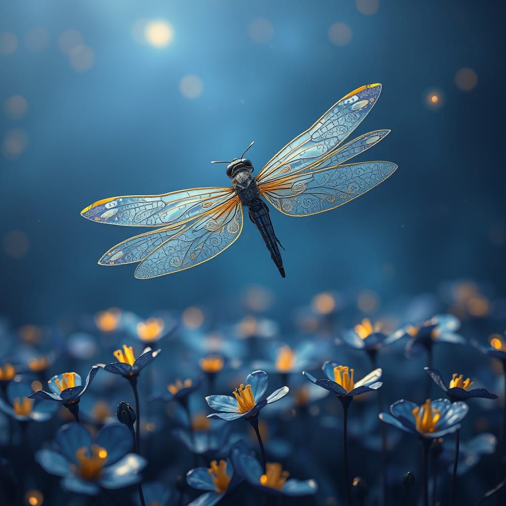 Whimsical Cyber Dragonfly Amidst Lush Night Blooms in a Fant...