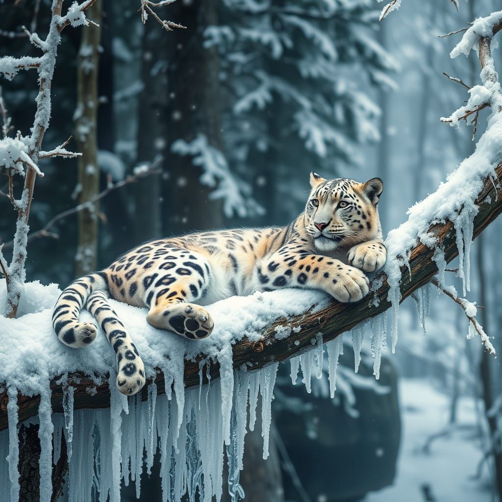 Snow Leopard in Enchanted Winter Forest