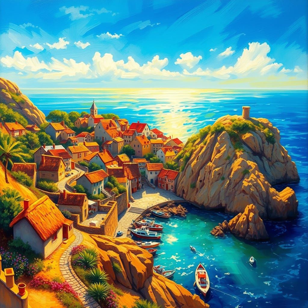 Impressionistic Oil Painting of a Coastal Village at Golden ...