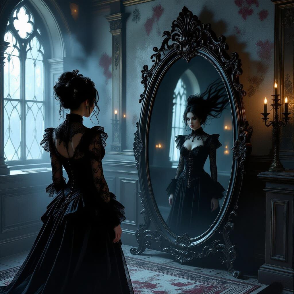 Mystical Obsidian Mirror Reflects a Shadow in Victorian Cham...