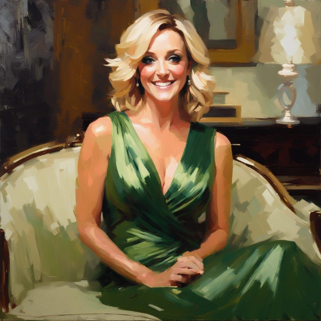 Elegant Woman in Green Gown: Impressionistic Oil Portrait