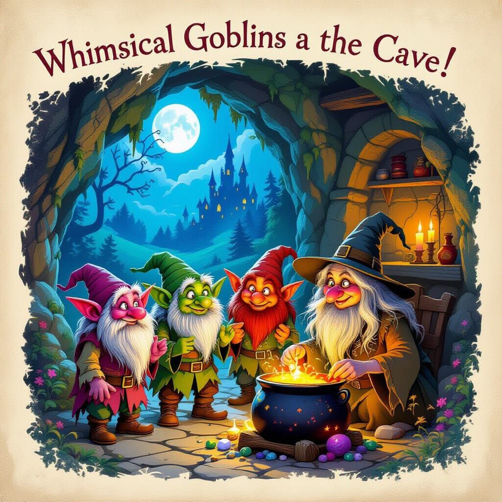 Goblins and Witch in Magical Cave Scene