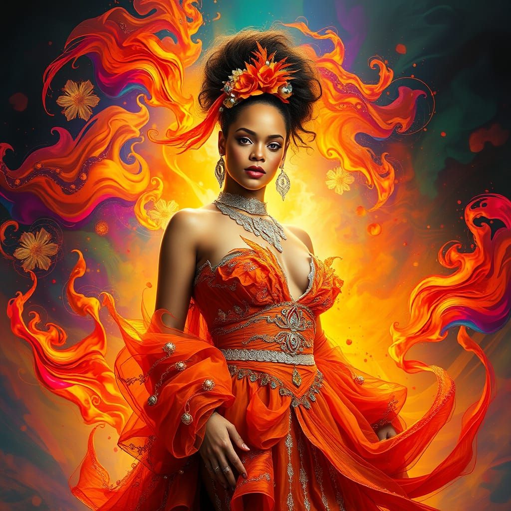 Rihanna Portrait with Fiery Essence in Ethereal Style