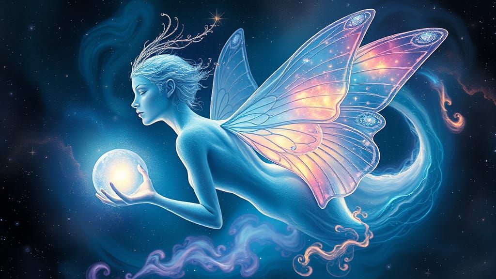 An ethereal creature, embodying a nebulous nymph which floats in the cosmic realm.