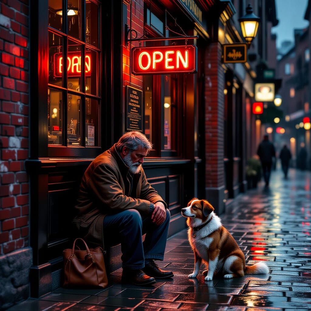 Man Begging with Dog Outside Bar on Rainy Night
