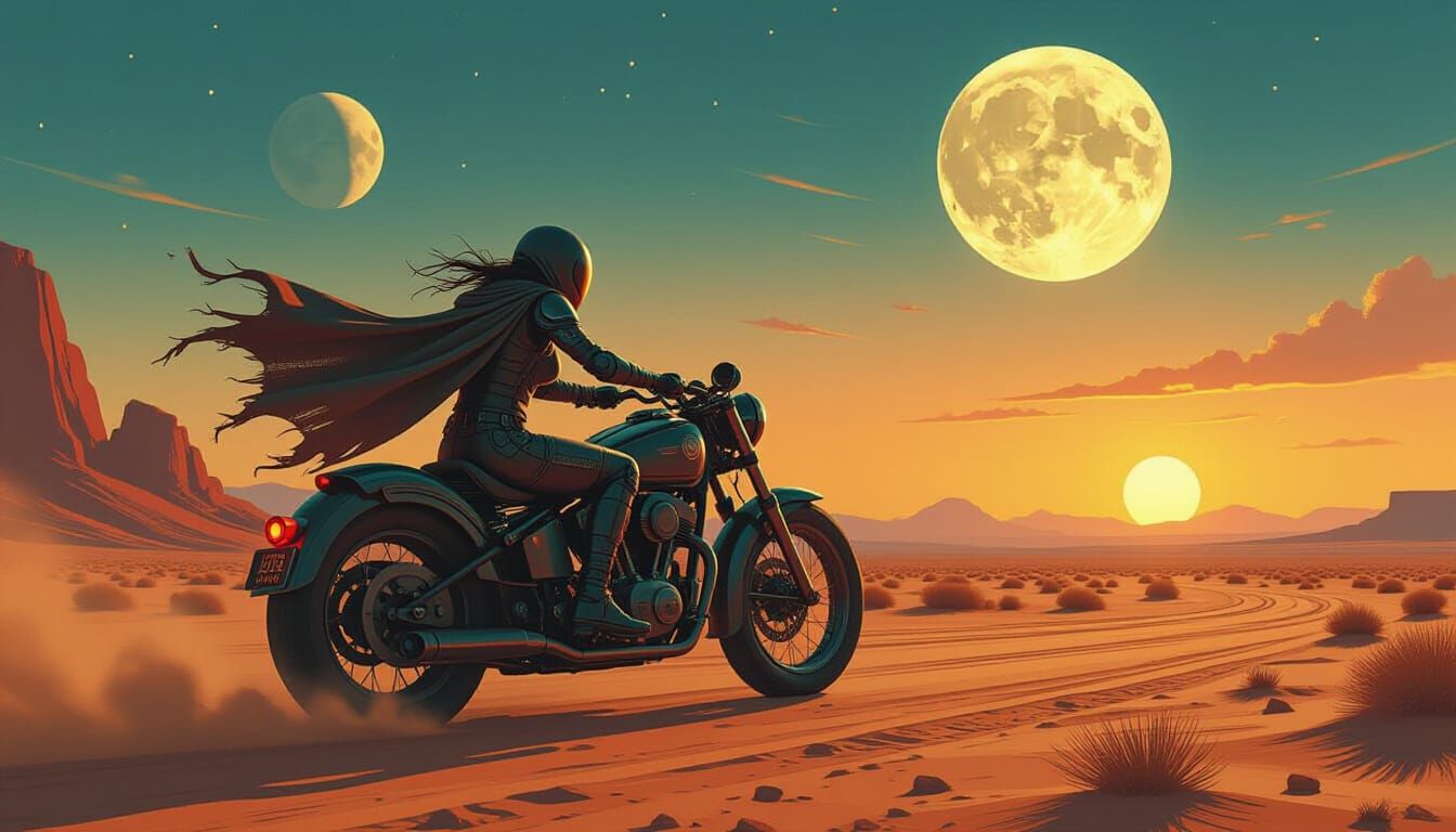 Cyberpunk Queen Rides Enhanced Motorcycle in Alien Desert