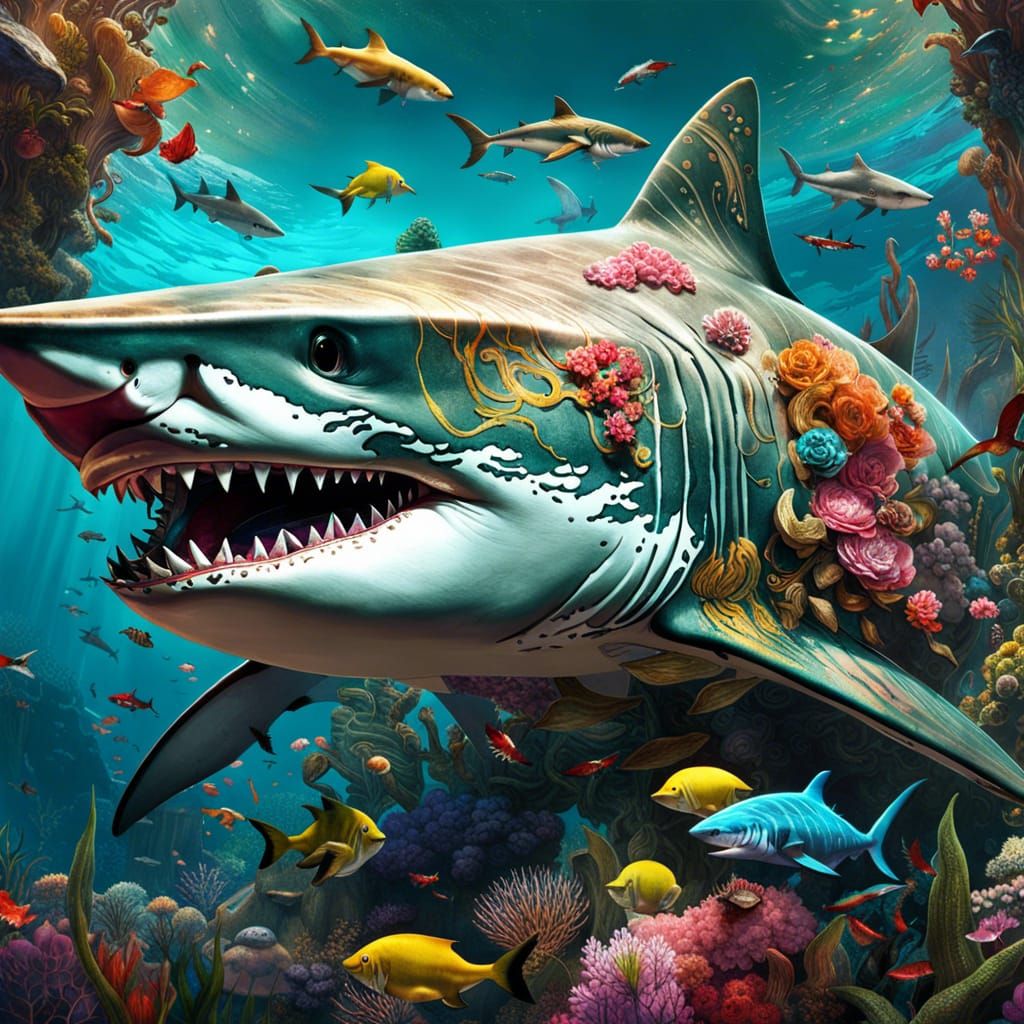 Sharks in Natural Habitat: Fantasycore Illustration