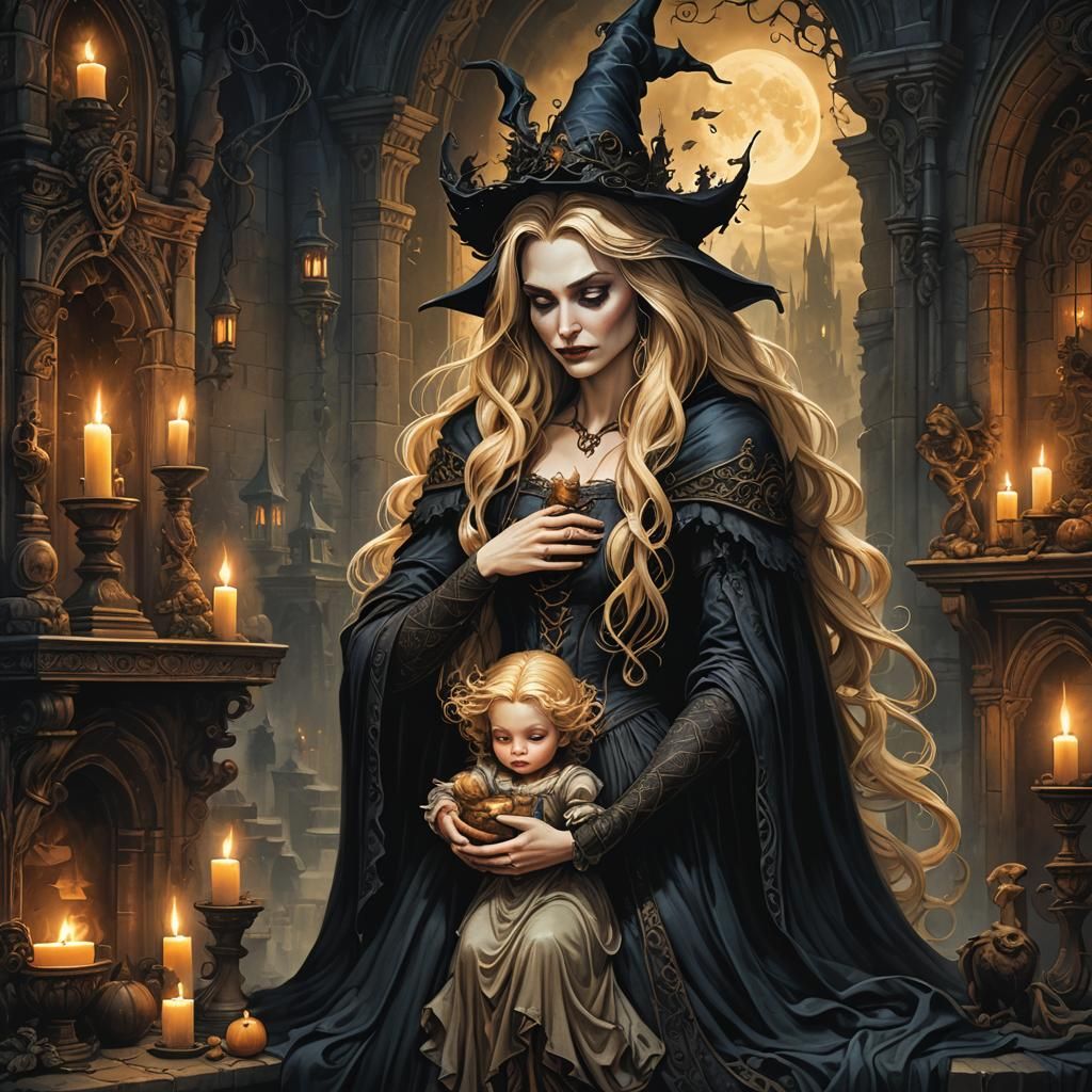 Wicked Witch Cradling Rapunzel in Baroque Style