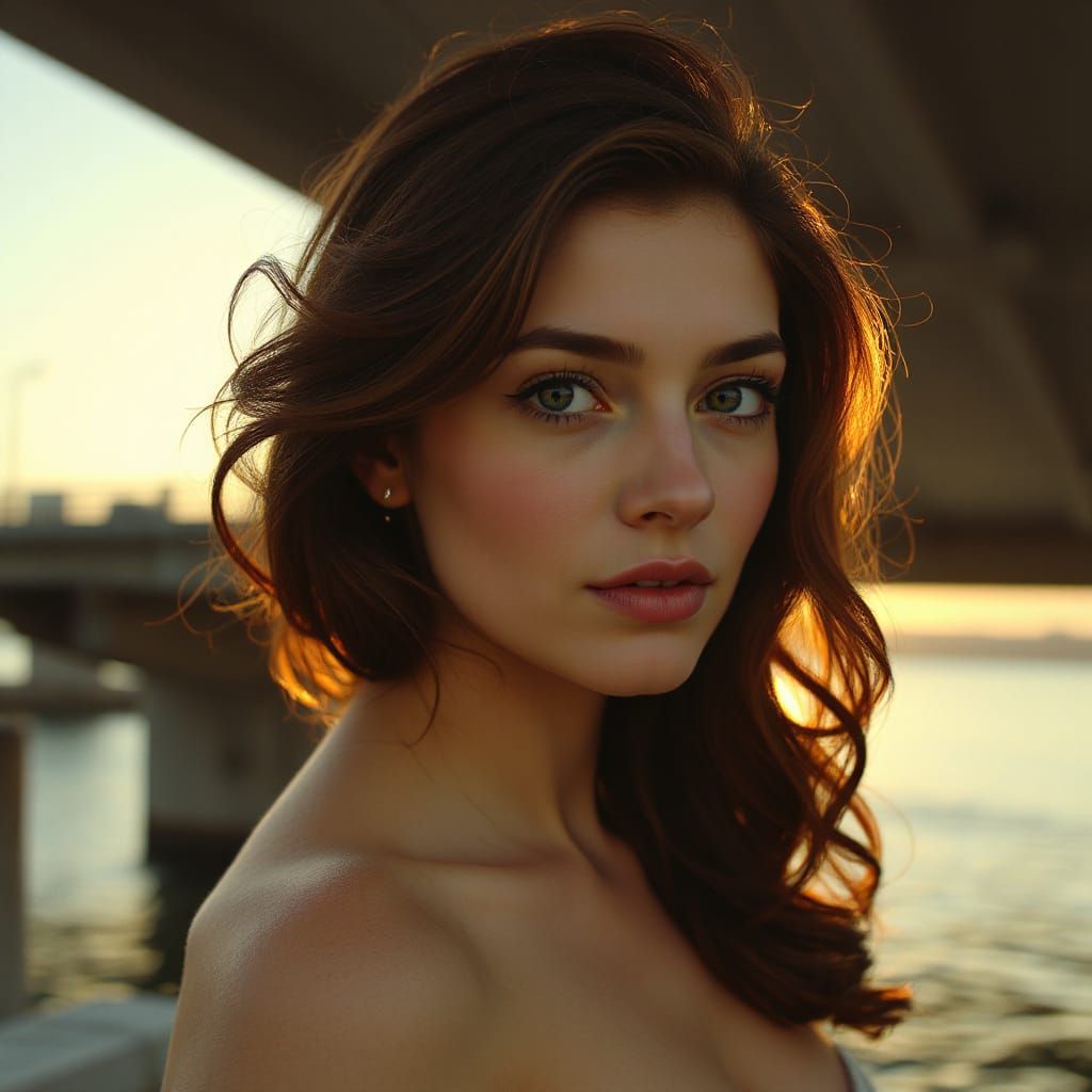 Lily Gladstone Portrait with Sunrise, Vintage Art Style