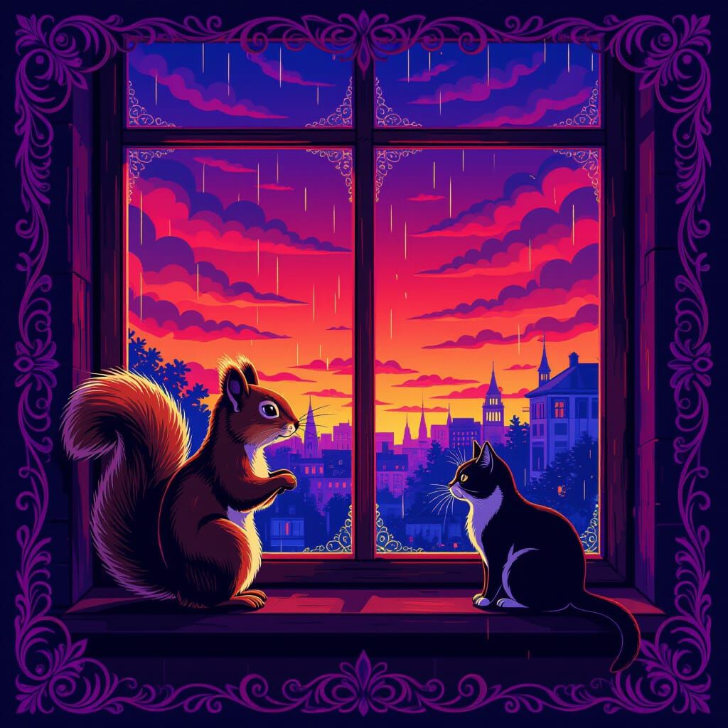 Squirrel and Cat Chatting on Windowsill at Night