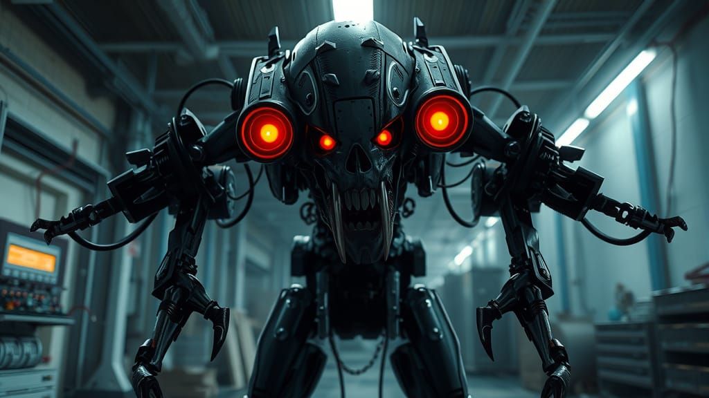 Menacing Mechanical Creature in Abandoned Lab