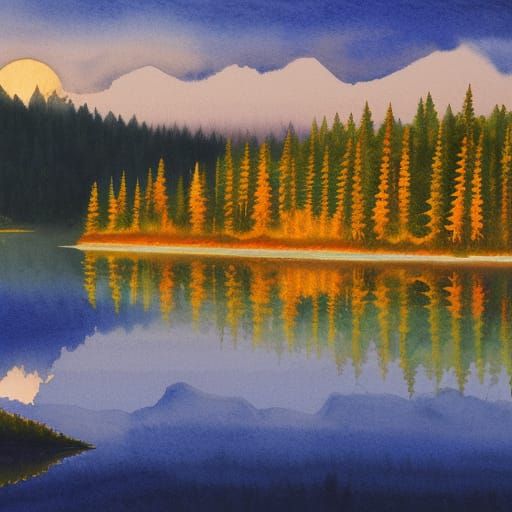 Watercolor Landscape with Fir Trees at Golden Hour