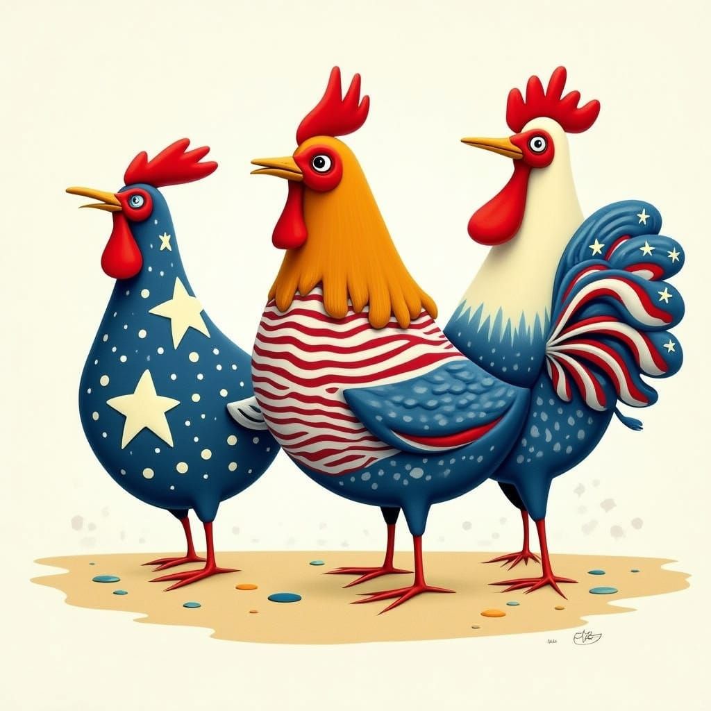 Patriotic Chickens in Vintage Illustration Style