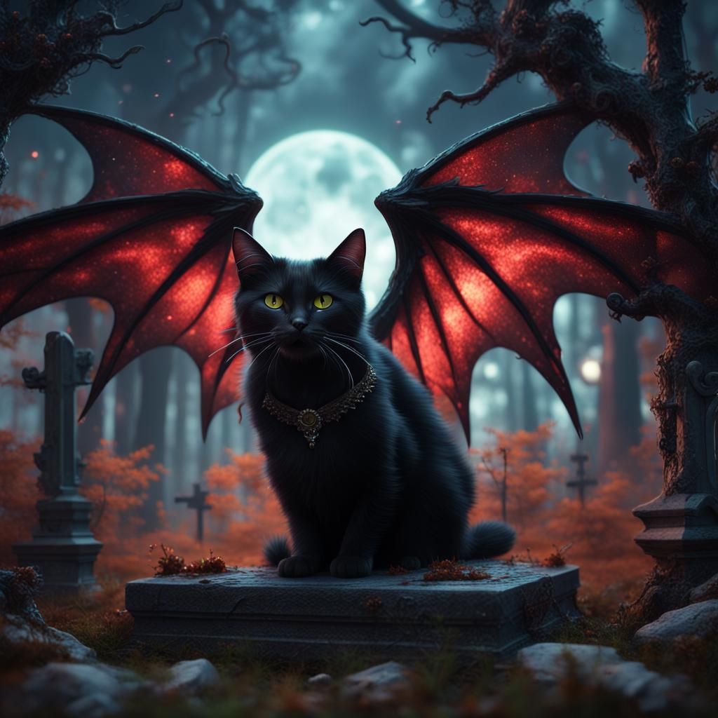 Vampire Cat in Graveyard Under Galaxy Sky