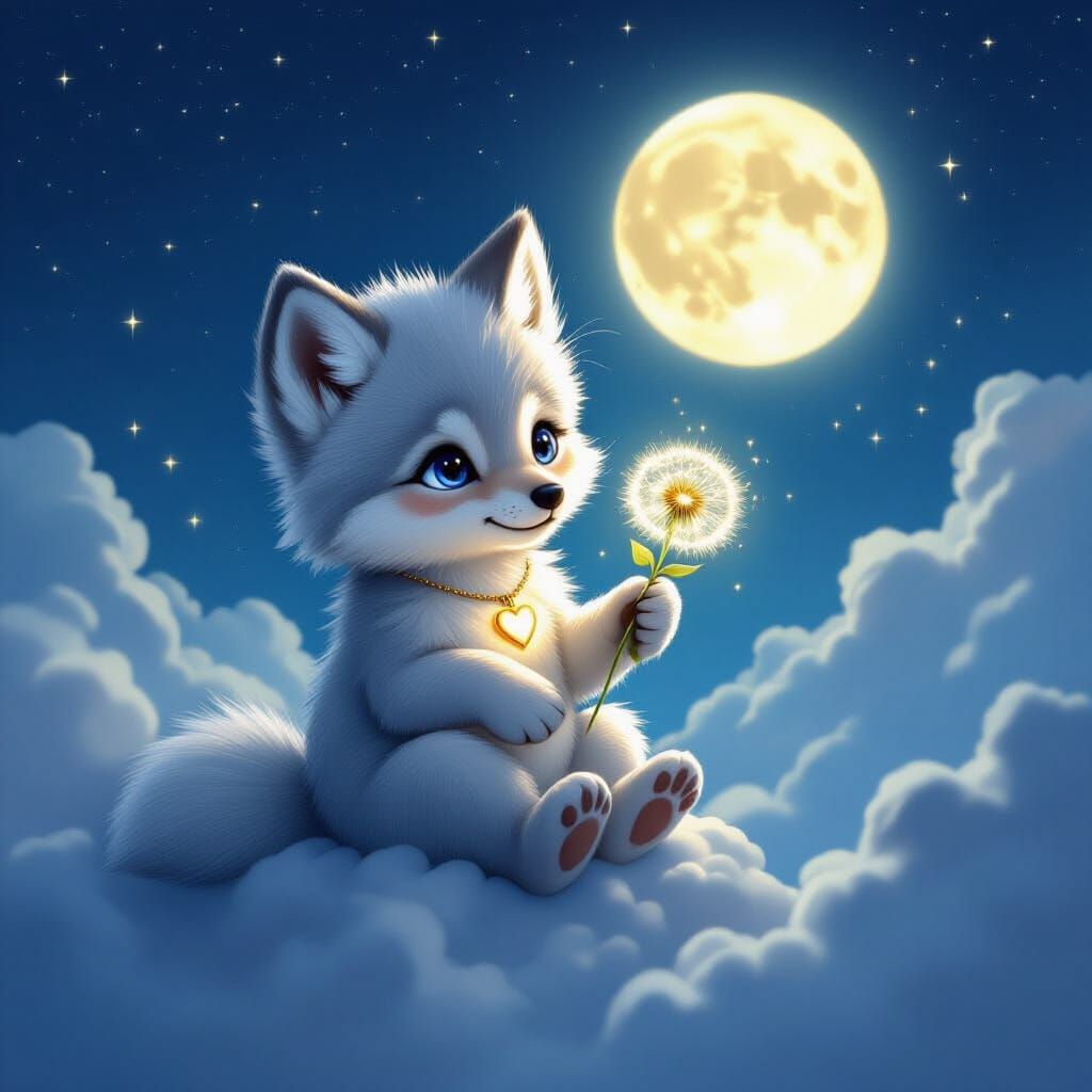 Wolf Cub Holding Dandelion in Painterly Style
