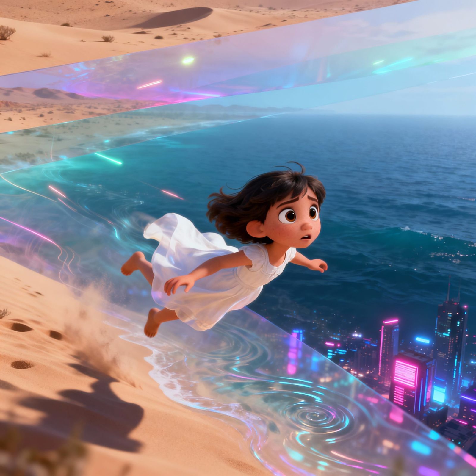 Girl in White Dress Falling Through Surreal Layers in Disney...
